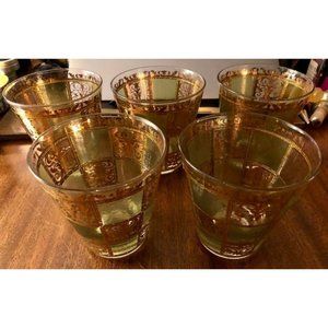 CULVER Five prado Old Fashioned barware MCM 22K Gold Green Diamonds Flared